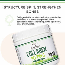 White container of Double Wood Supplements Collagen Peptides Powder with green and yellow text label and white lid.