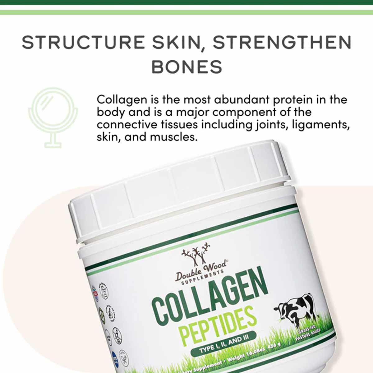 White container of Double Wood Supplements Collagen Peptides Powder with green and yellow text label and white lid.