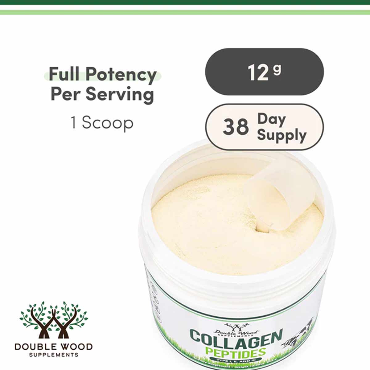 White container of Double Wood Supplements collagen peptides powder with scoop, labeled 12g per serving and 38-day supply.