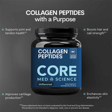 Black jar labeled Collagen Peptides by Core Med Science, unflavored, 462g, with NSF Certified Sport seal on dark blue label.