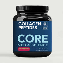 Black plastic jar with blue label reading "Collagen Peptides Core Med Science Watermelon" and NSF Certified Sport badge, 501g