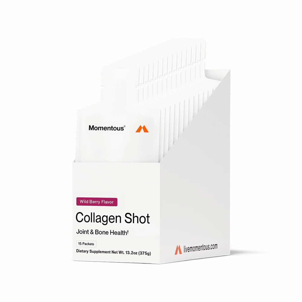 White box containing 15 packets of Momentous Collagen Shot in Wild Berry flavor, labeled for joint and bone health.