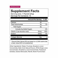 Supplement Facts label for Wild Berry Flavor Collagen Shot showing nutritional information including 10g bovine collagen per 