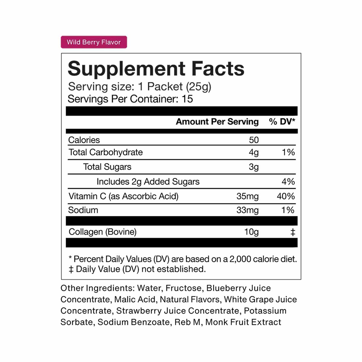 Supplement Facts label for Wild Berry Flavor Collagen Shot showing nutritional information including 10g bovine collagen per 