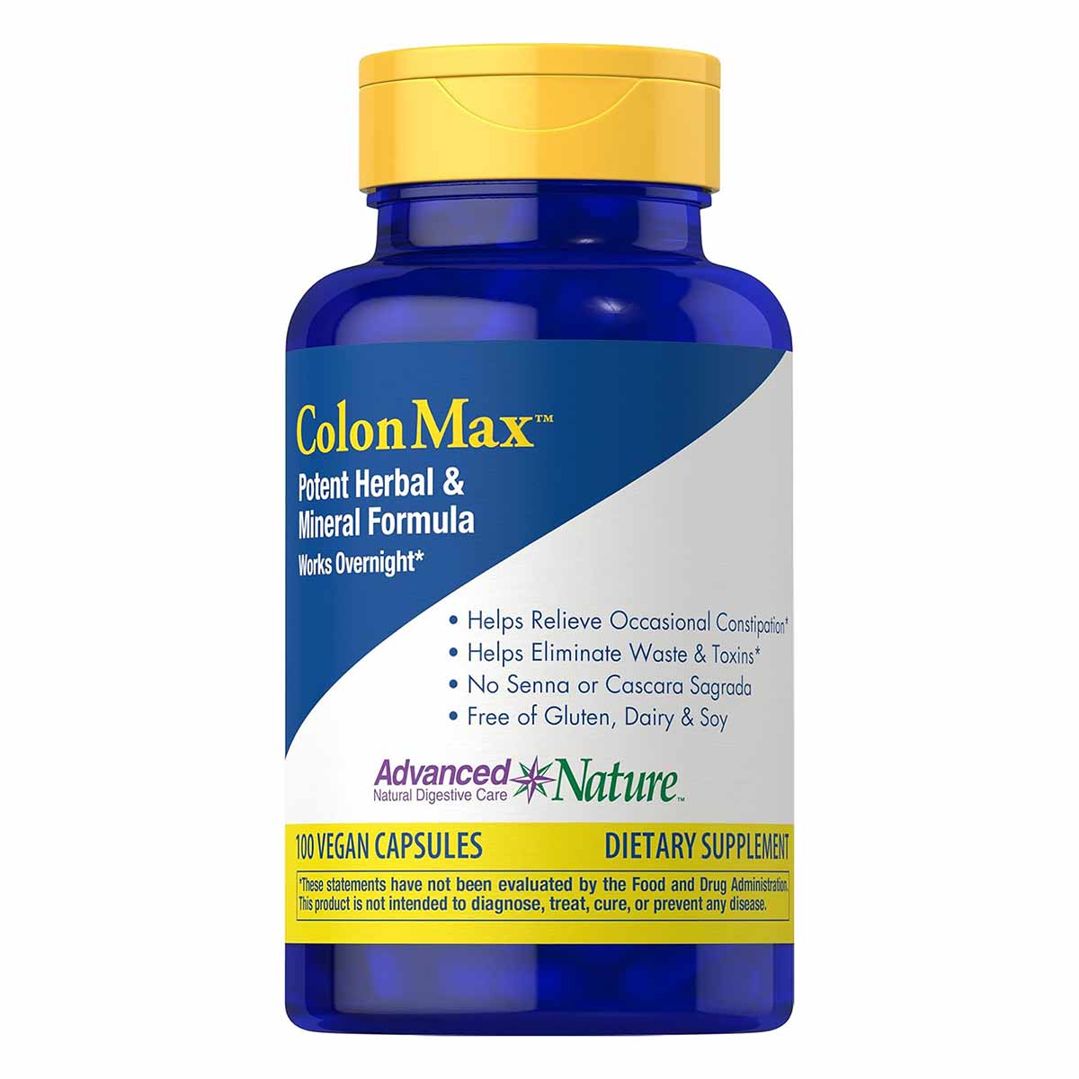 ColonMax dietary supplement bottle with yellow cap containing 100 vegan capsules by Advanced Naturals.