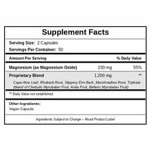 Supplement Facts label for ColonMax showing serving size of 2 capsules, magnesium content, and proprietary herbal blend ingre