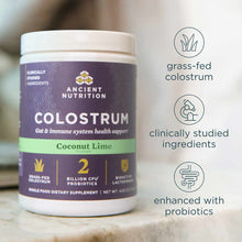 White and purple container of Ancient Nutrition Colostrum powder in Coconut Lime flavor, 4 oz.
