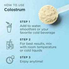 Beige colostrum powder on white scoop with usage instructions on light blue background.