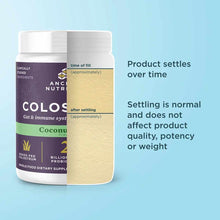 Ancient Nutrition Colostrum powder in white bottle with purple label on light blue background, showing product settling compa