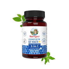 Dark amber glass bottle with black cap labeled "Complete Gut Health+" by MaryRuth's, containing 60 capsules, surrounded by gr