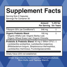 Supplement Facts label for Complete Gut Health+ showing serving size, ingredient amounts, and probiotic blend details on blue
