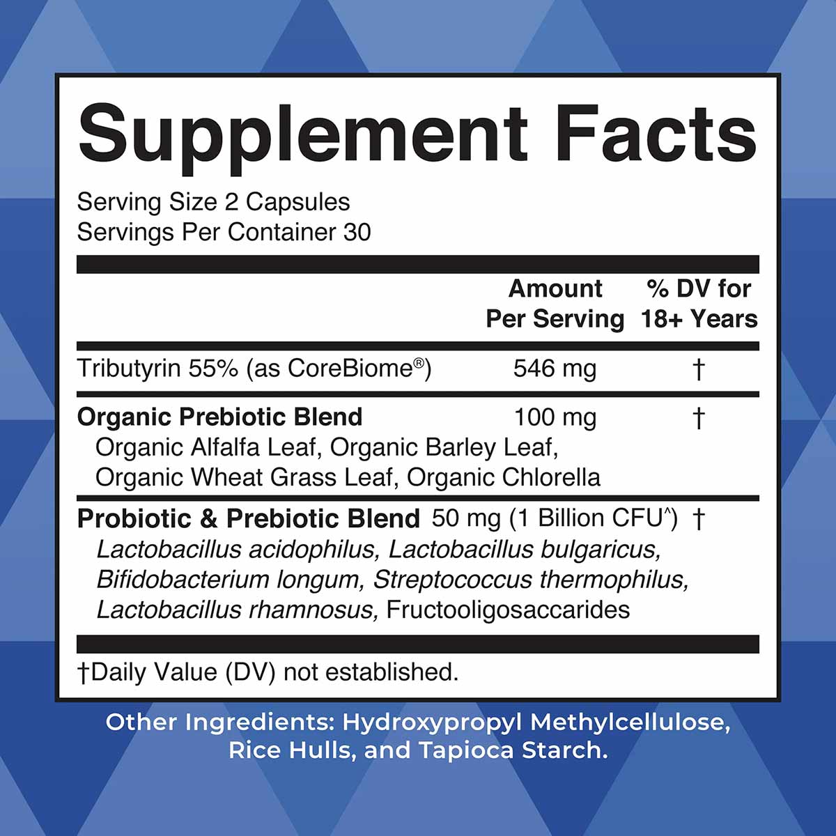 Supplement Facts label for Complete Gut Health+ showing serving size, ingredient amounts, and probiotic blend details on blue