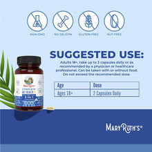 MaryRuth's Complete Gut Health supplement bottle with capsule, showing non-GMO, no gelatin, gluten-free, and nut-free certifi