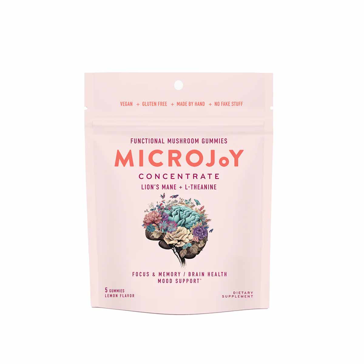 Pink pouch of MicroJoy concentrate gummies with brain illustration, labeled vegan and gluten free, lemon flavor, 5 gummies.