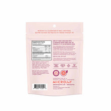 Pink resealable pouch with supplement facts label, ingredients list, and MicroJoy branding for concentrate gummy sampler.