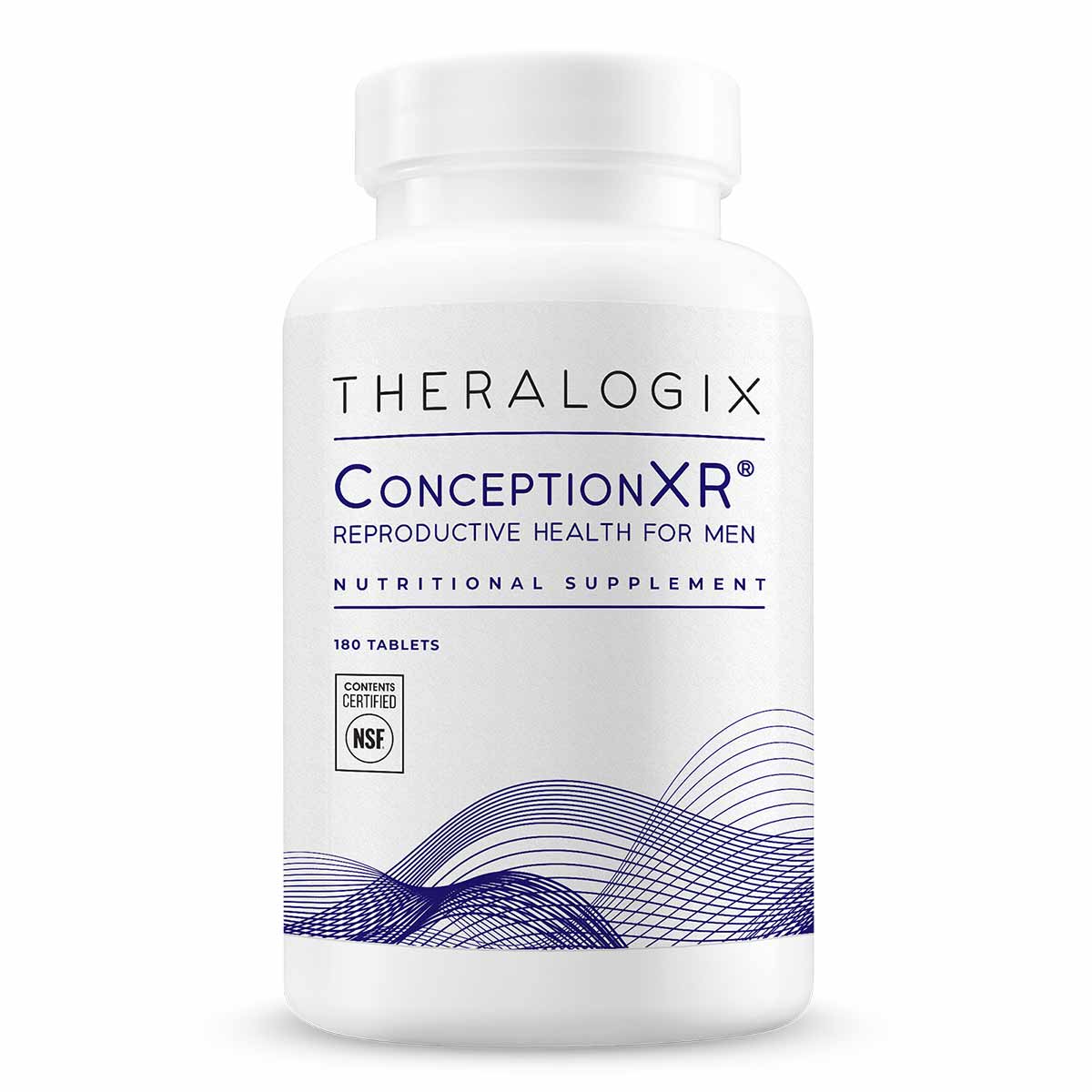 White bottle of Theralogix ConceptionXR reproductive health supplement containing 180 tablets with NSF certified label.