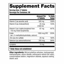 Supplement Facts label showing serving size of 2 tablets with vitamins C, D, E, folate, zinc, selenium, and lycopene per serv