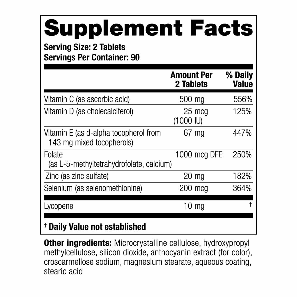 Supplement Facts label showing serving size of 2 tablets with vitamins C, D, E, folate, zinc, selenium, and lycopene per serv