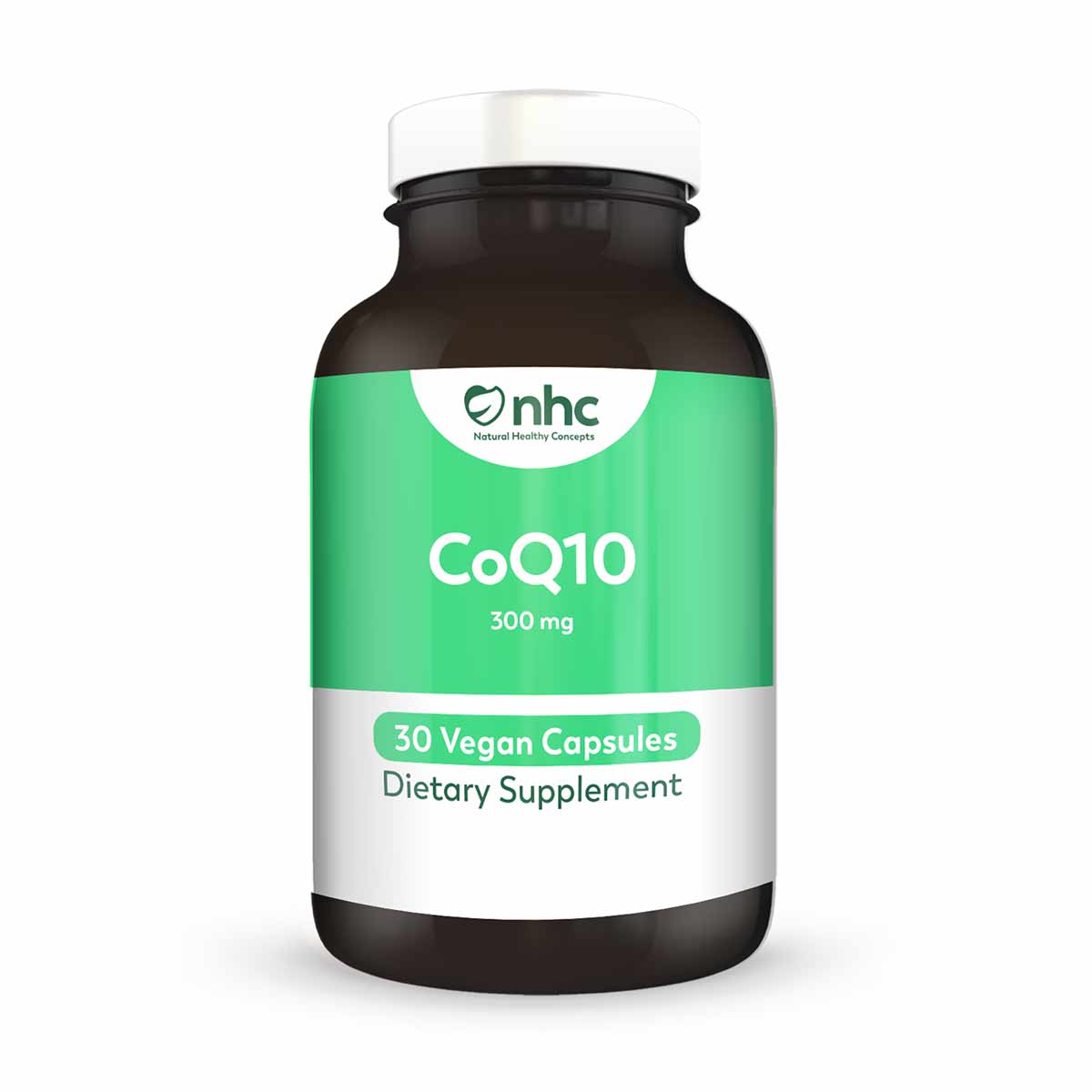 Dark amber glass bottle with white and green label containing CoQ10 300mg vegan capsules by Natural Healthy Concepts.