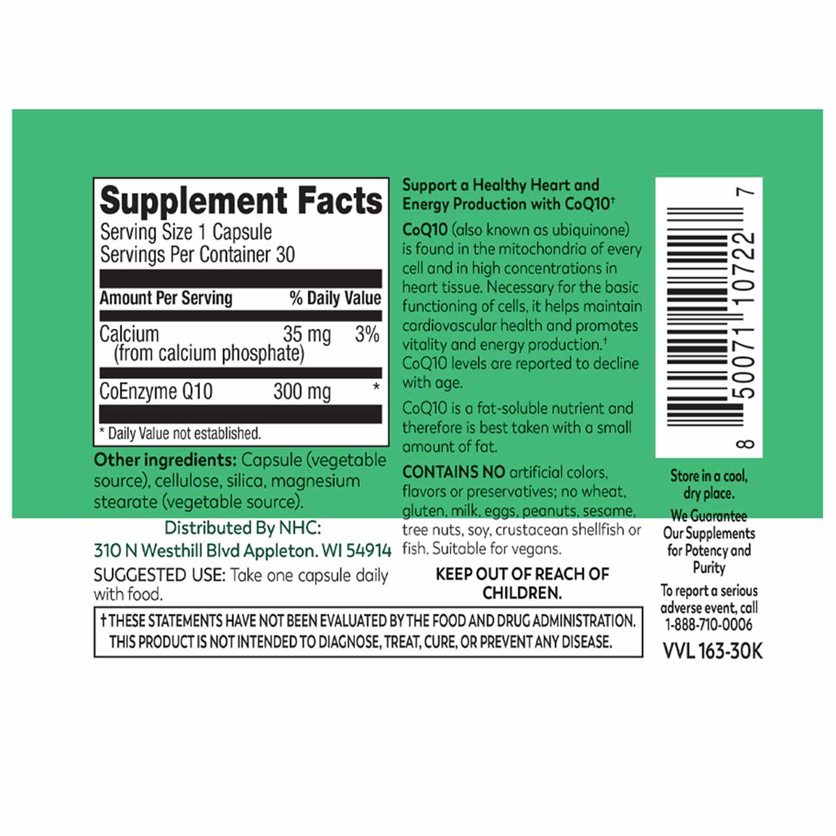 CoQ10 supplement label showing 300mg Coenzyme Q10 per serving with supplement facts, ingredients, and usage instructions on g