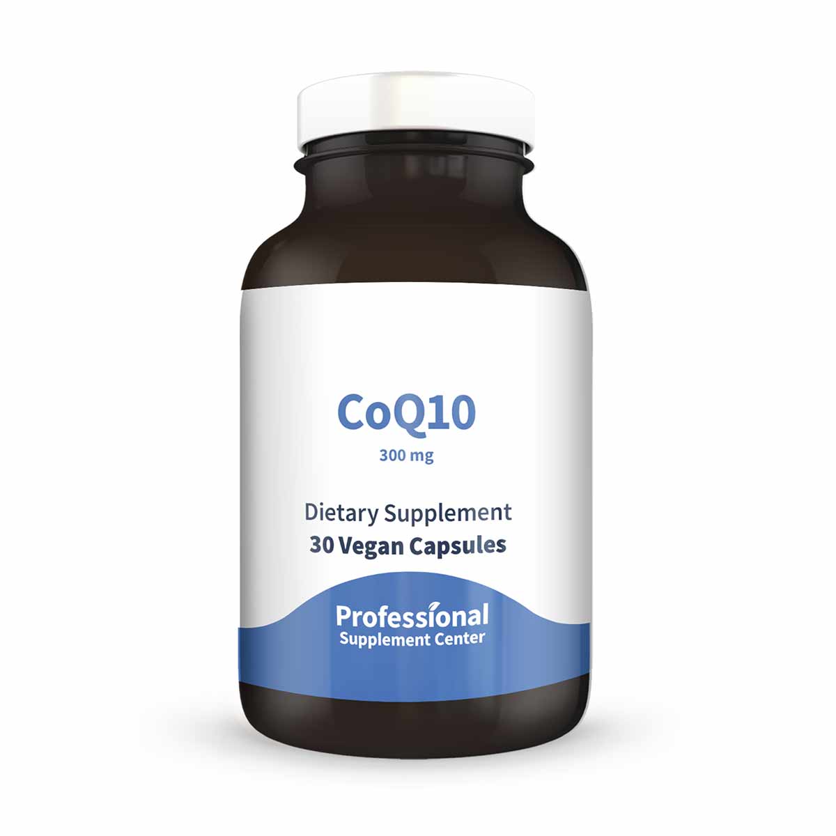 Dark glass bottle with white label showing CoQ10 300mg, 30 vegan capsules, by Professional Supplement Center.