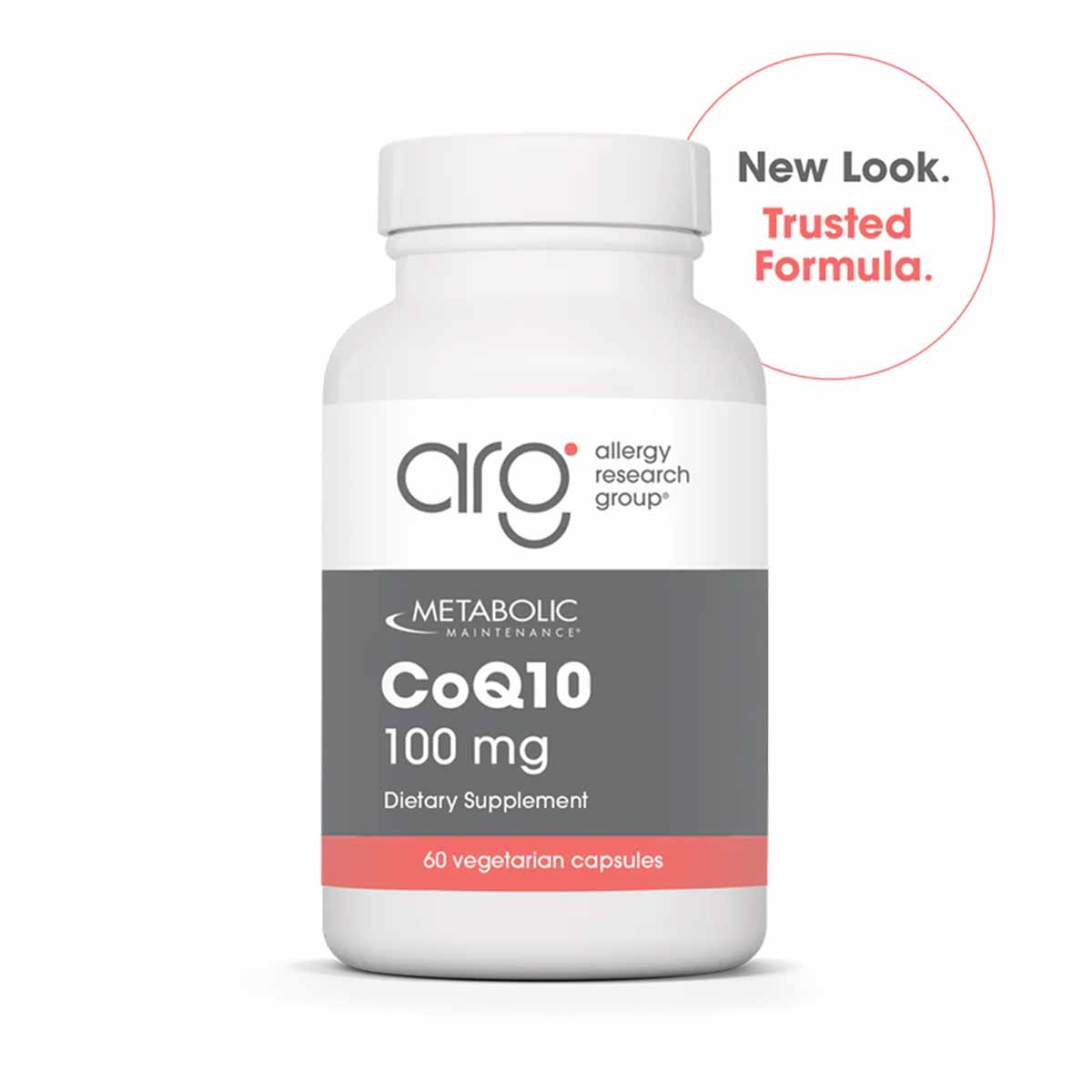 White bottle of Allergy Research Group CoQ10 100 mg dietary supplement with 60 vegetarian capsules.
