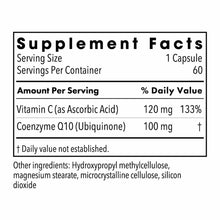 Supplement Facts label showing CoQ10 100 mg and Vitamin C 120 mg per capsule, 60 servings per container.