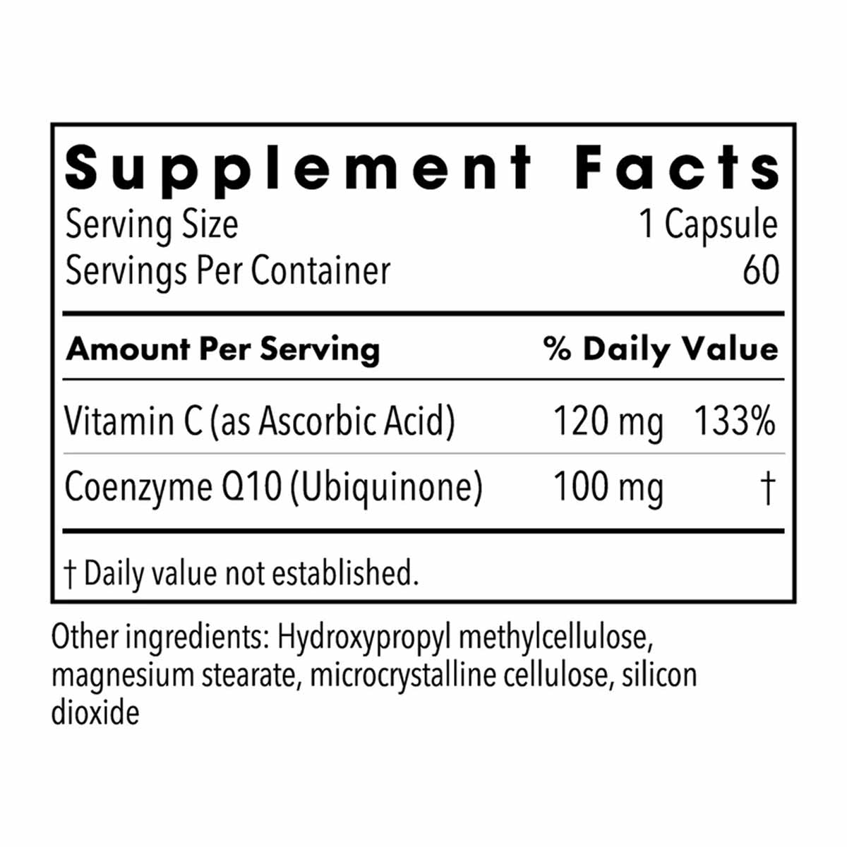Supplement Facts label showing CoQ10 100 mg and Vitamin C 120 mg per capsule, 60 servings per container.