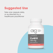 White bottle of CoQ10 100 mg dietary supplement by Allergy Research Group with gray and coral label, containing 60 vegetarian