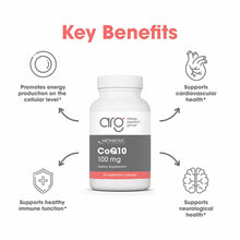 White bottle of CoQ10 100 mg dietary supplement by Allergy Research Group with gray and coral label, 60 vegetarian capsules.