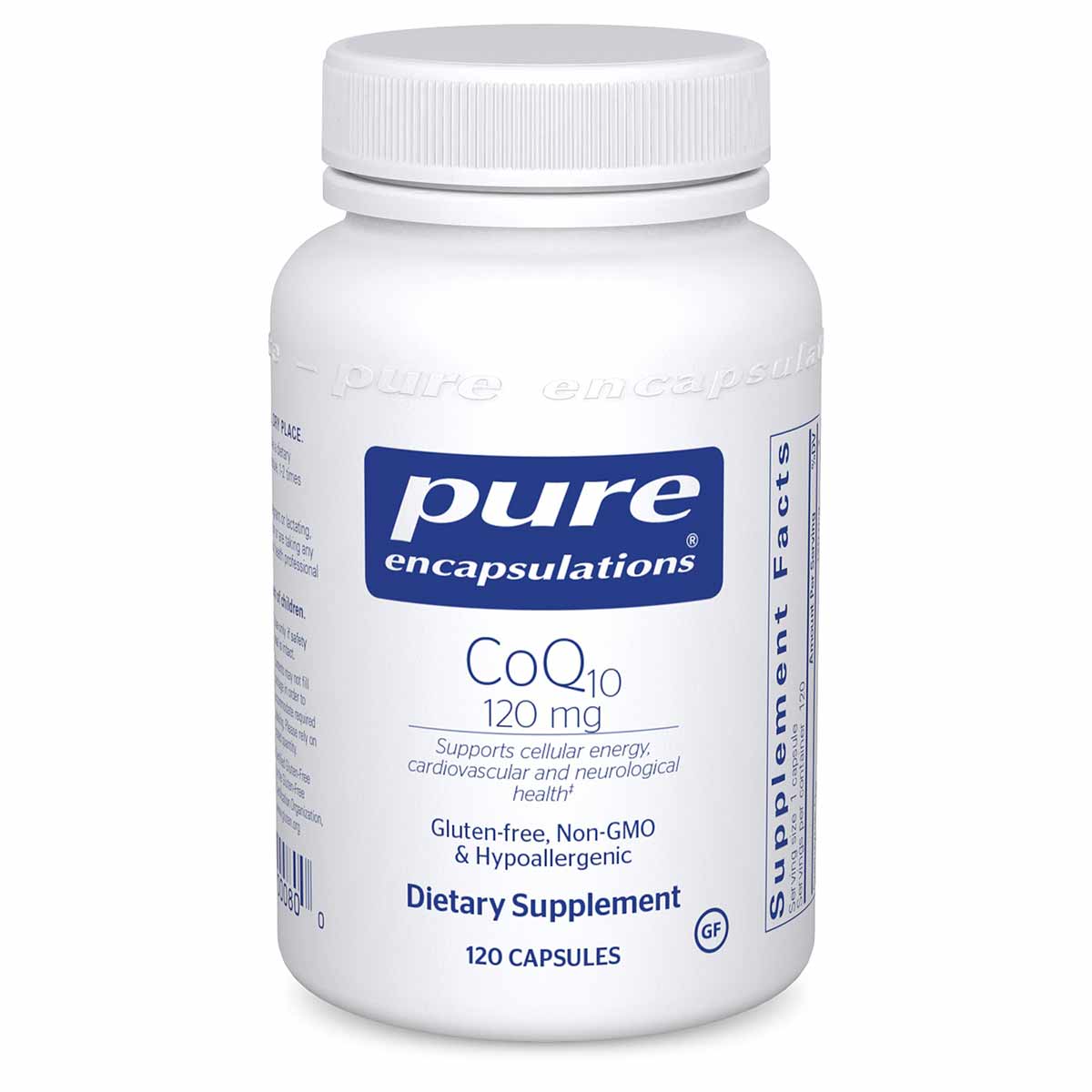White bottle of Pure Encapsulations CoQ10 120 mg dietary supplement with white cap, containing 120 capsules.