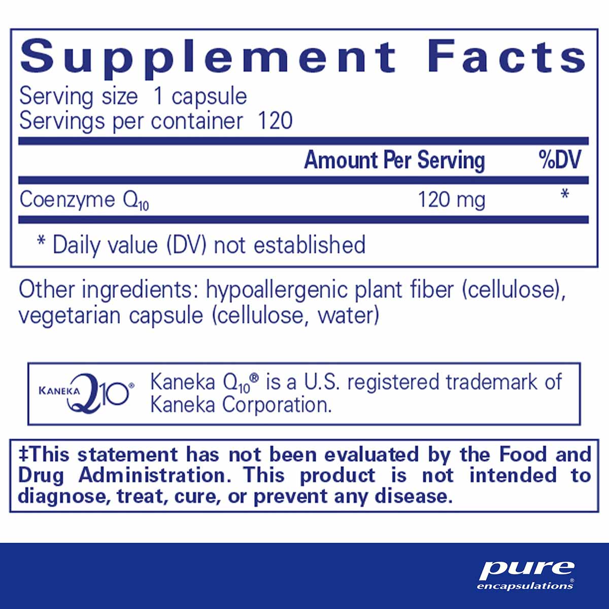 Supplement Facts label for CoQ10 120 mg capsules with 120 servings per container and Pure Encapsulations branding.