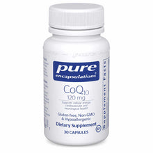White bottle of Pure Encapsulations CoQ10 120 mg dietary supplement with white screw cap, containing 30 capsules.