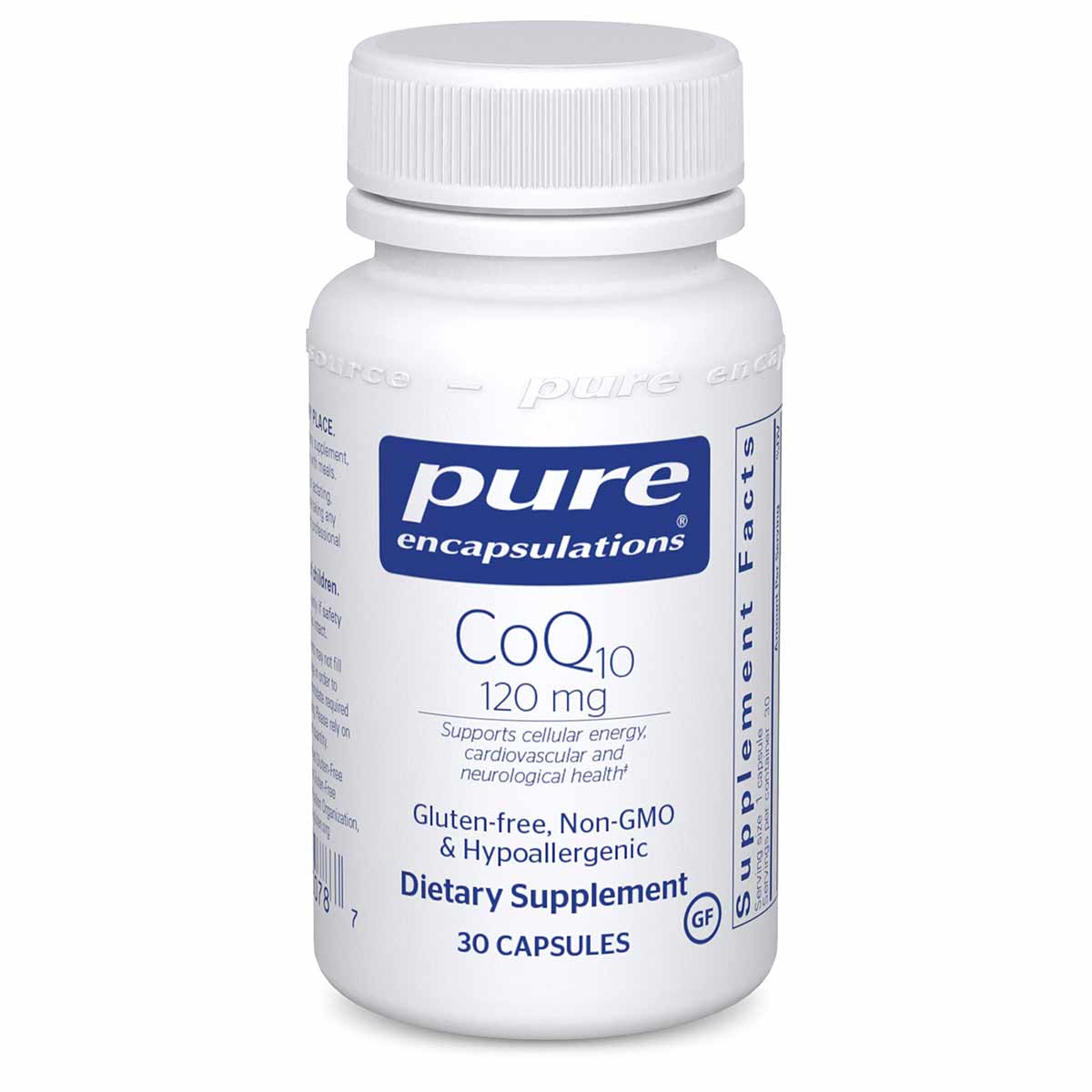 White bottle of Pure Encapsulations CoQ10 120 mg dietary supplement with white screw cap, containing 30 capsules.
