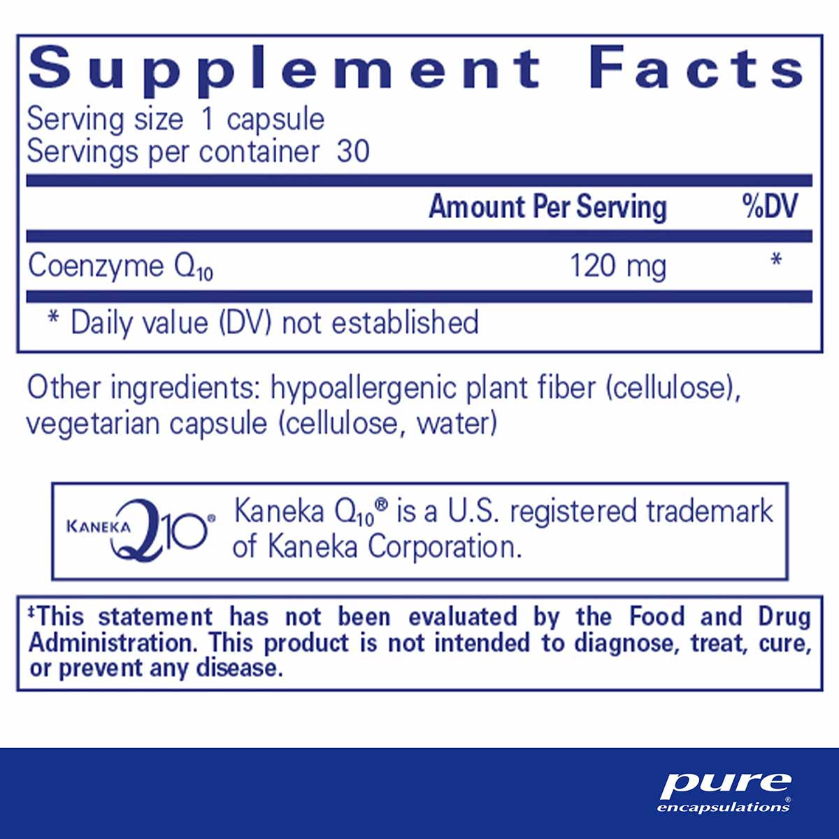 Supplement Facts label for CoQ10 120 mg capsules showing serving size, ingredients, and FDA disclaimer.
