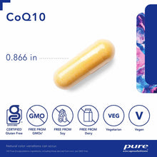 Yellow CoQ10 capsule measuring 0.866 inches with certification badges for gluten-free, GMO-free, soy-free, dairy-free, vegeta
