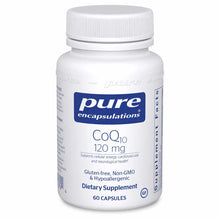 White supplement bottle with white cap labeled CoQ10 120 mg by Pure Encapsulations containing 60 capsules.