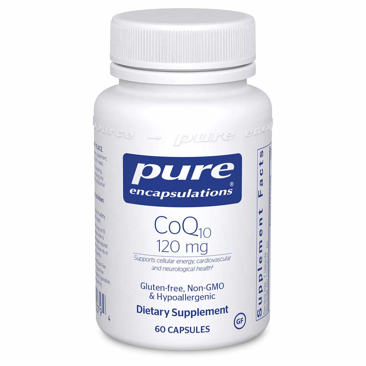 White supplement bottle with white cap labeled CoQ10 120 mg by Pure Encapsulations containing 60 capsules.