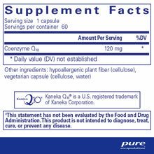 Supplement Facts label for CoQ10 120 mg capsules showing serving size, ingredients, and FDA disclaimer.