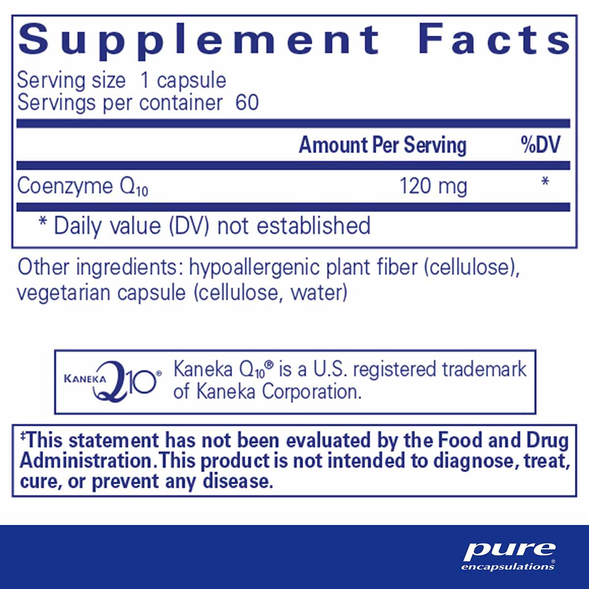 Supplement Facts label for CoQ10 120 mg capsules showing serving size, ingredients, and FDA disclaimer.