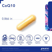 Yellow CoQ10 capsule, 0.866 inches, with certification badges for gluten-free, GMO-free, soy-free, dairy-free, vegetarian, an