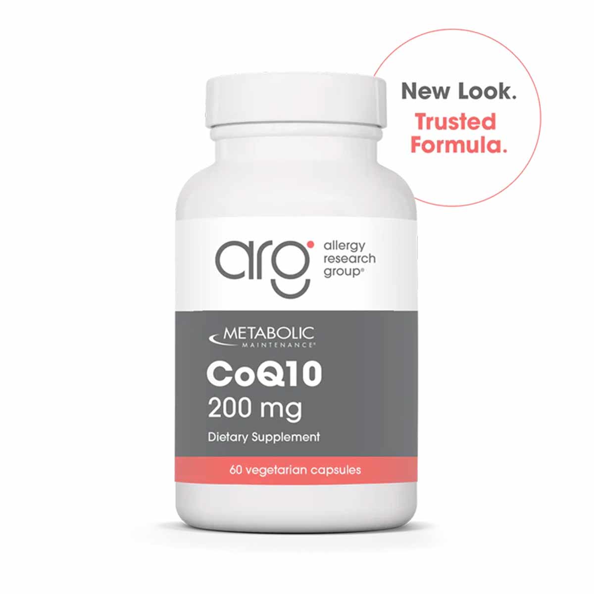 White plastic bottle of Allergy Research Group CoQ10 200 mg dietary supplement containing 60 vegetarian capsules.