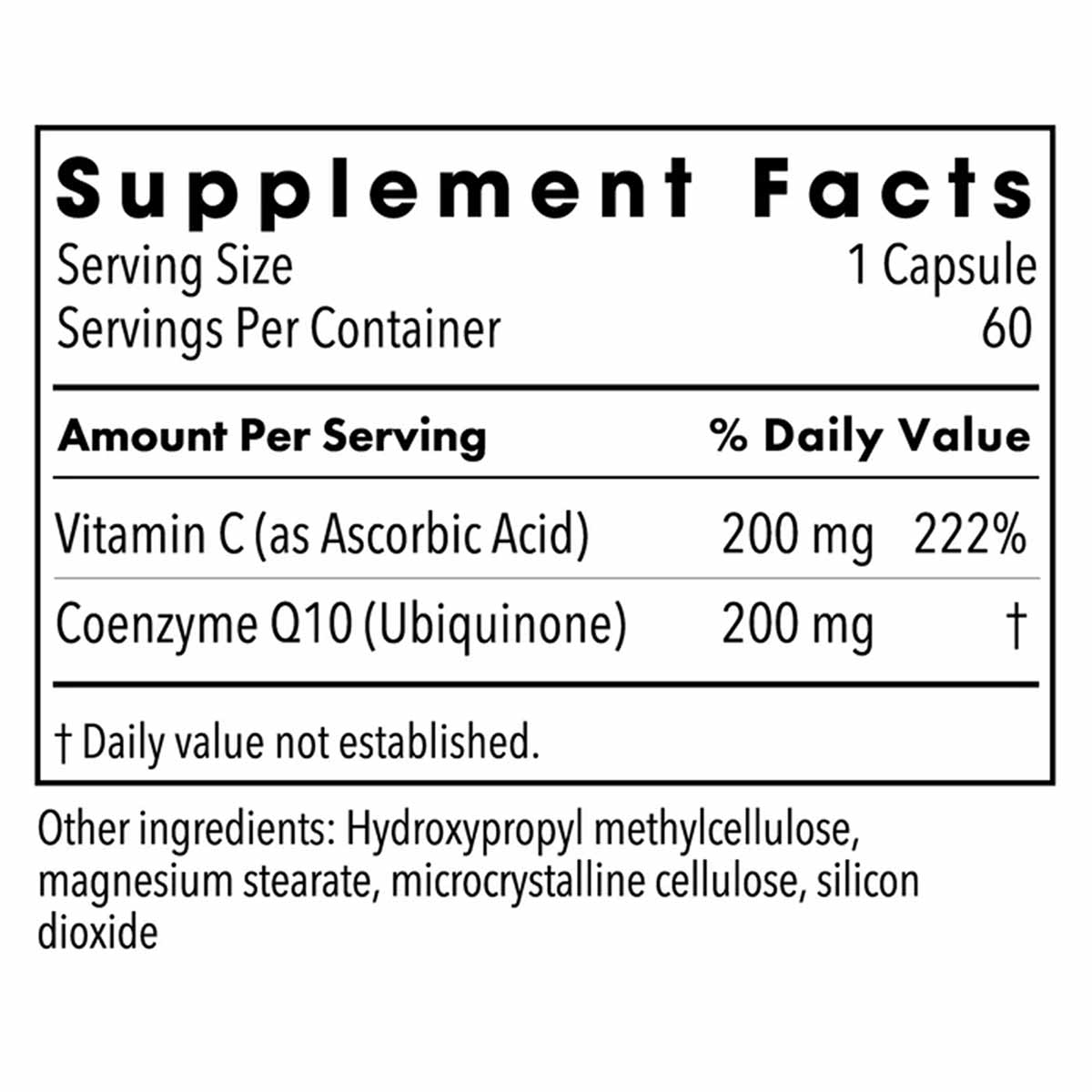 Supplement Facts label showing CoQ10 200 mg and Vitamin C 200 mg per capsule, 60 servings per container.