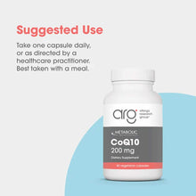 White bottle labeled CoQ10 200 mg by Allergy Research Group with gray and coral label, containing 60 vegetarian capsules.