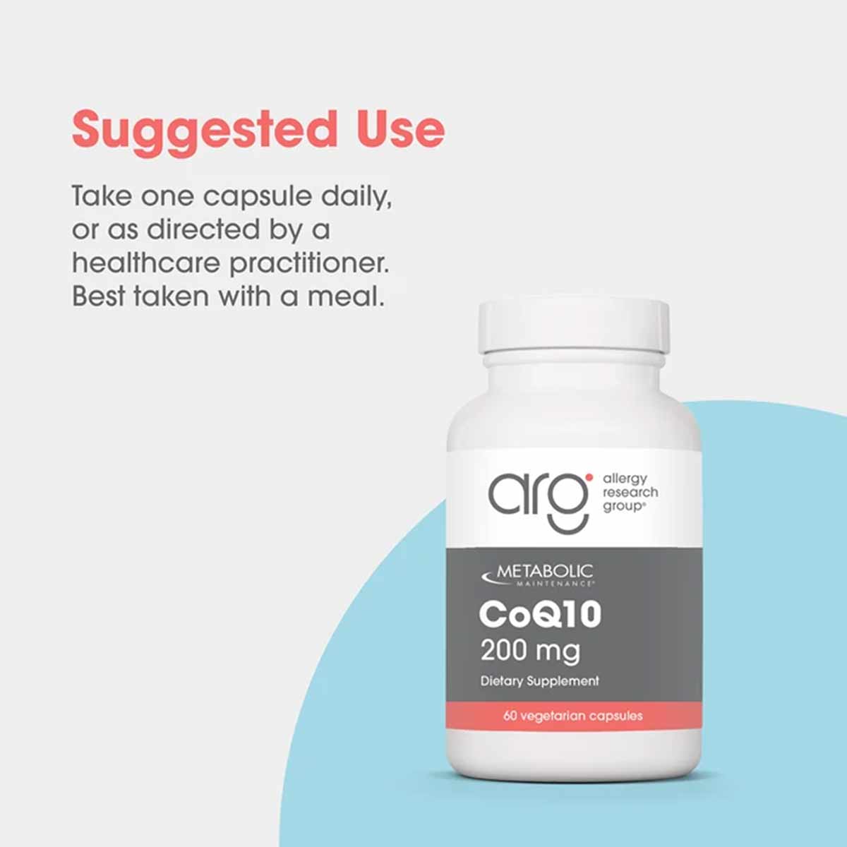 White bottle labeled CoQ10 200 mg by Allergy Research Group with gray and coral label, containing 60 vegetarian capsules.