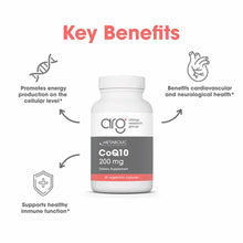 White bottle of Allergy Research Group CoQ10 200 mg dietary supplement with 60 vegetarian capsules.