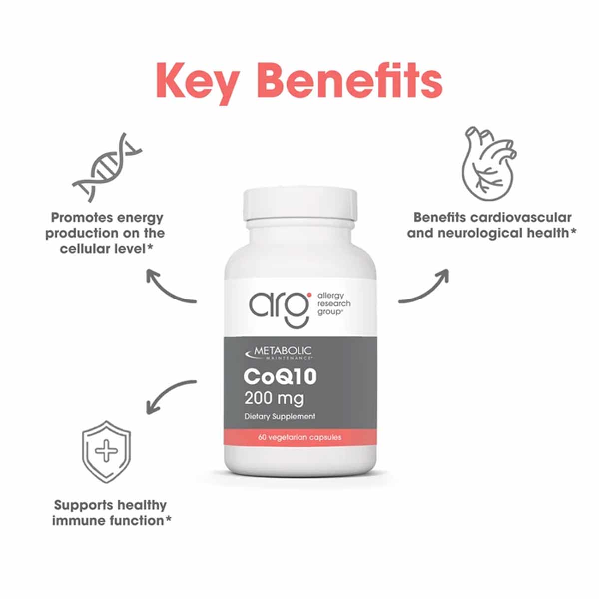 White bottle of Allergy Research Group CoQ10 200 mg dietary supplement with 60 vegetarian capsules.