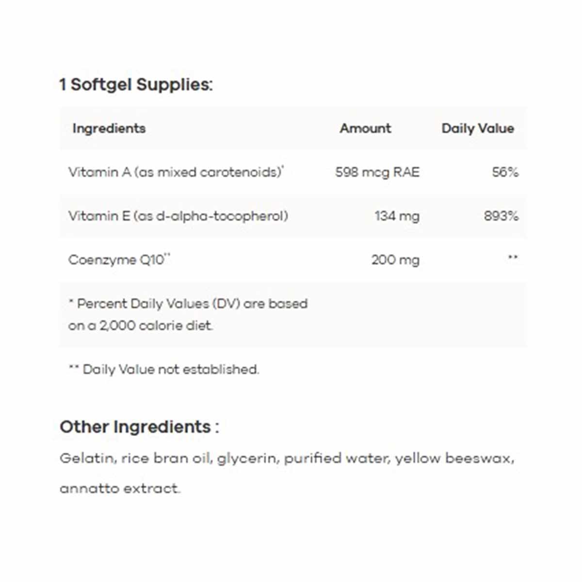 Nutrition label showing CoQ10 200 mg softgel supplement ingredients including Vitamin A, Vitamin E, and other components.