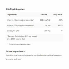 Nutrition facts label for CoQ10 200 mg softgel supplement showing ingredients including Vitamin A, Vitamin E, and Coenzyme Q1