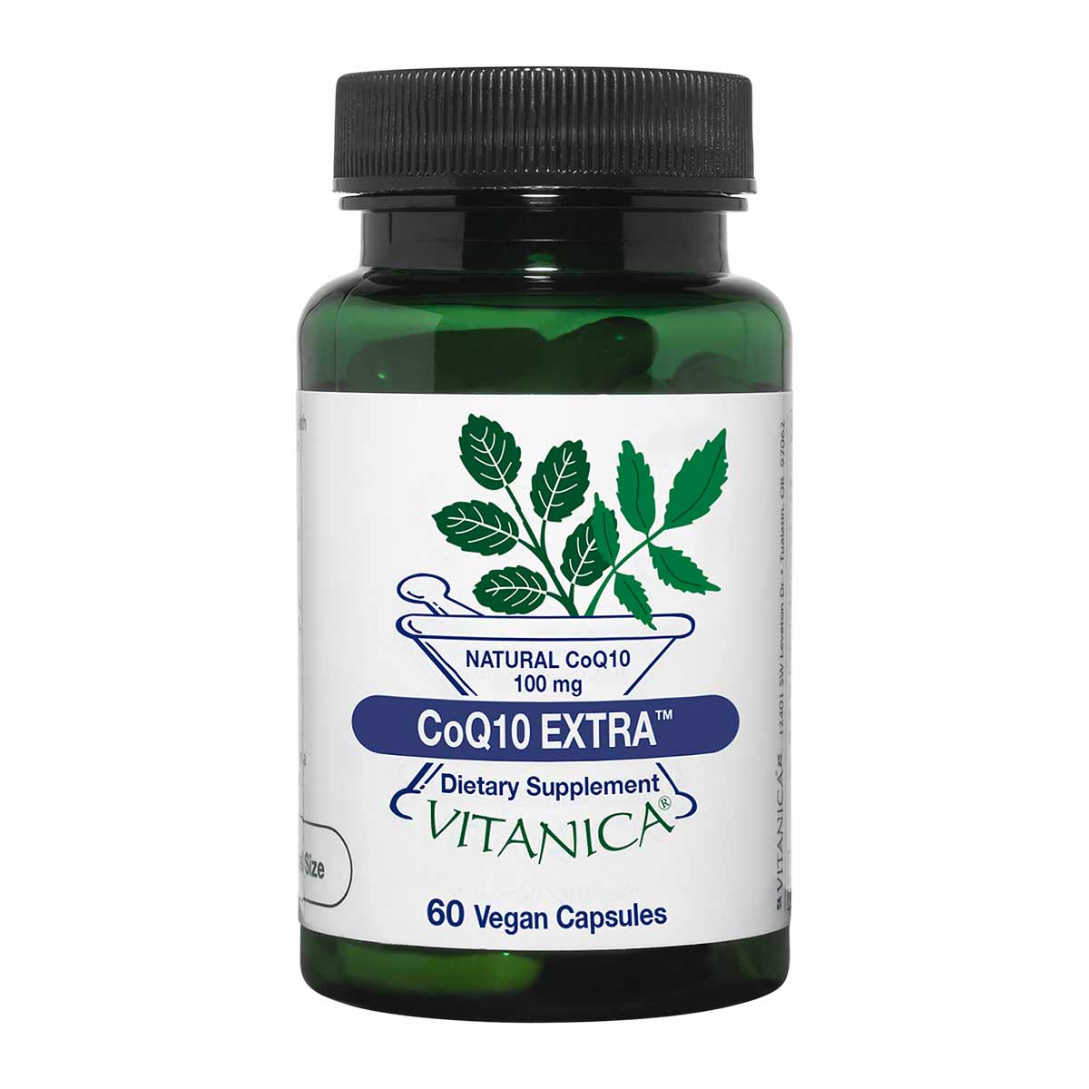 Dark green bottle of Vitanica CoQ10 Extra supplement with white label, black cap, containing 60 vegan capsules.